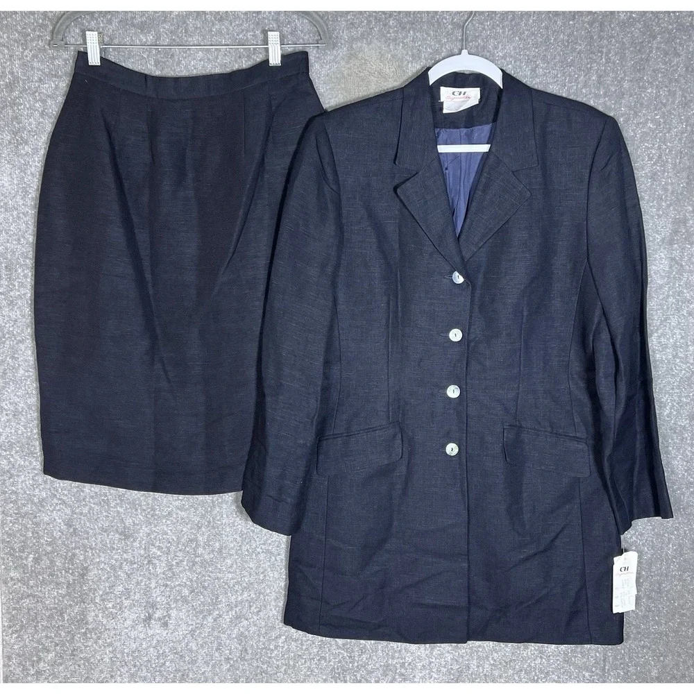 Vintage GH Signature Linen Blend Blazer Skirt Suit Womens Sz 12 Blue Lined New